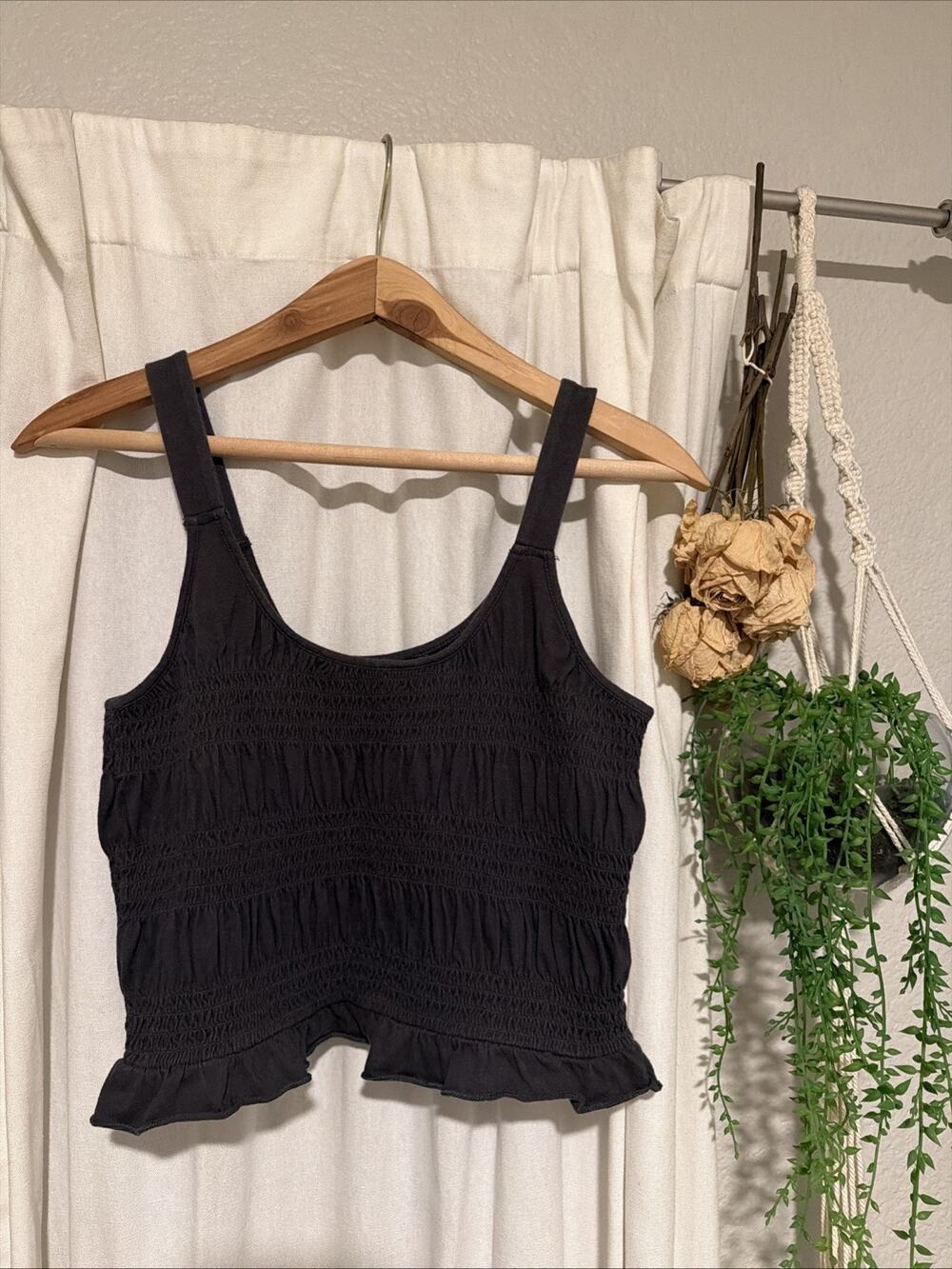 American Eagle Smocked Crop Top Gray Festival Boho Hippie Peasant Grunge S